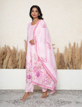Party pink floral print kantha work kurta set